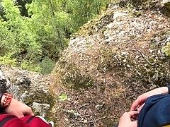 Two Sausage-squeezing Rivulets Of Urine Cross In The Mountains. Pissing Outdoor Uhd 4k Vid